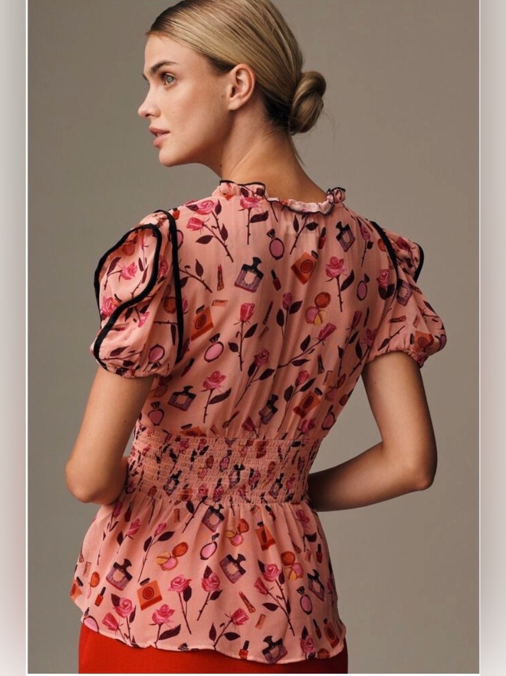 NWT - Maeve V Neck Puff Sleeve Printed Blouse Size M - Picture 3 of 10